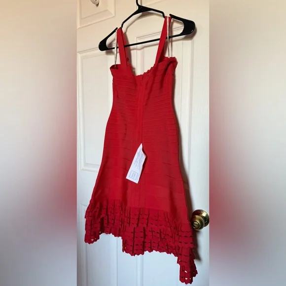 Herve Leger Vibrant Red Bandage Dress with Scalloped Neckline NWT